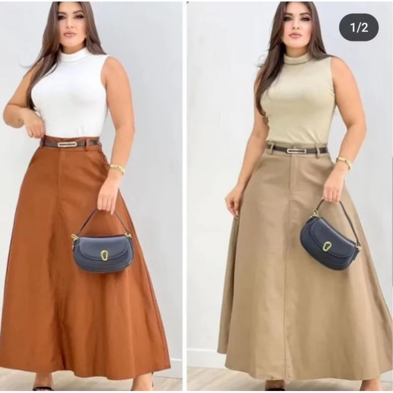 SAIA RODADA LONGA FEMININA ALFAIATARIA MODA EVANGÉLICA CASUAL BÁSICA INVERNO CINTURA ALTA ELEGANTE TENDÊNCIA