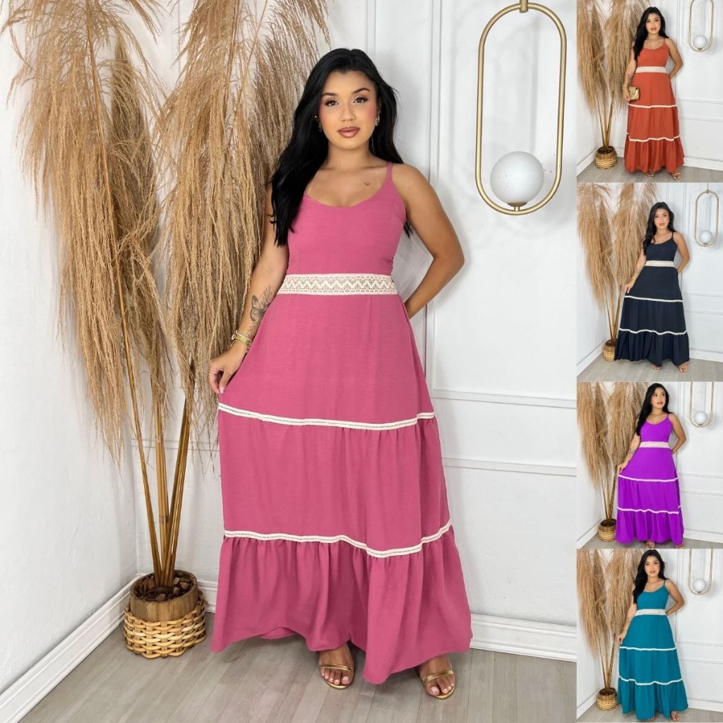 Vestido Longo Com Saia Em Marias e Alça Regulável Casual