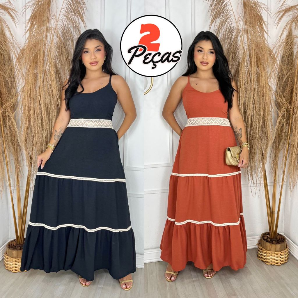 Kit 2 Vestidos Longos Femininos Com Alça Fina e Renda Leves, Frescos e Elegantes