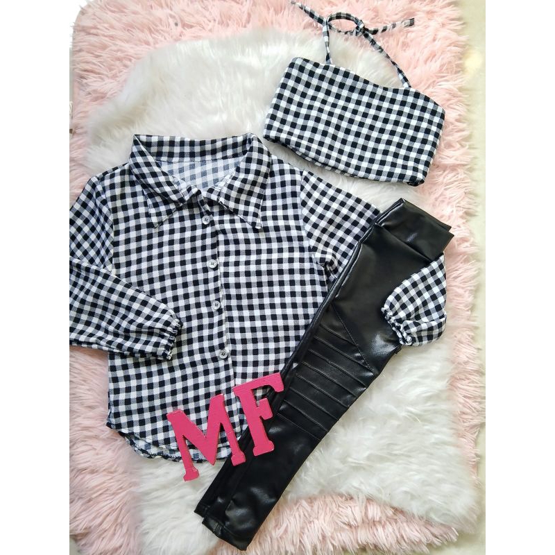CONJUNTO 3 PEÇAS CALÇA CIRRÊ + CAMISA MANGA LONGA XADREZ + CROPPED ALÇA FEMININA MODA JUVENIL E INFANTIL 4 AO 14 ANOS