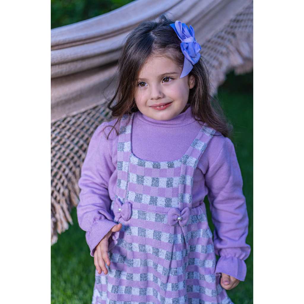 Conjunto Vestido e Blusa Inverno Infantil Tricot Roupa Menina de 1 a 7 anos Jardinheira Infantil