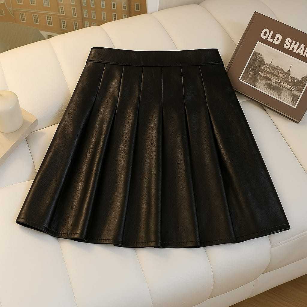 Saia Feminina Rodada Plissada Cintura Alta de couro Elegante em Oferta na Shopee
