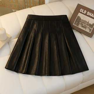 Saia Feminina Rodada Plissada Cintura Alta de couro Elegante em Oferta na Shopee