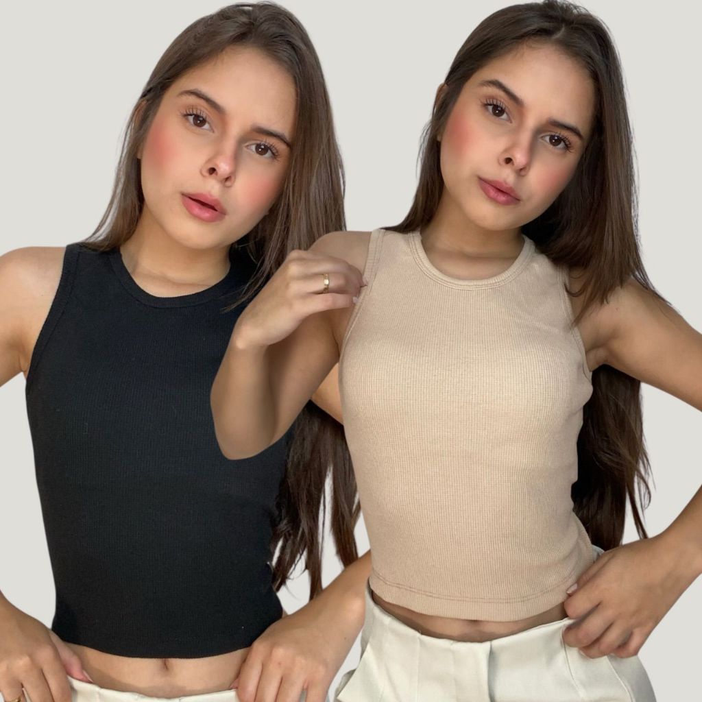 Kit 2 Blusa Cropped Regata Feminina Básicos Elegantes Versáteis Gringa Estiloso Cropet Canelado