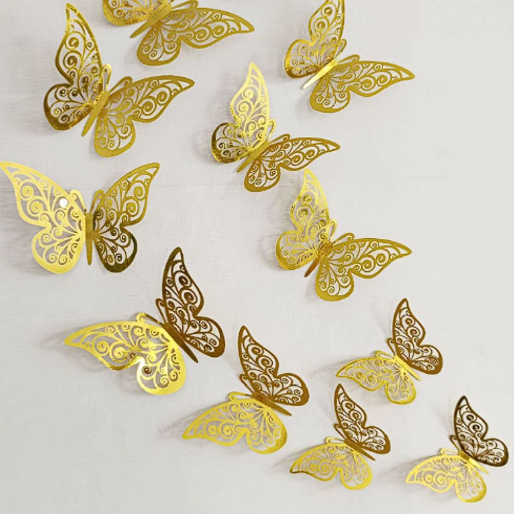 Borboleta Decorativa 3d Adesiva Metalizado Enfeite de Parede Quarto Sala Topo de Bolo e Arco de Balões c/12 un,24,36