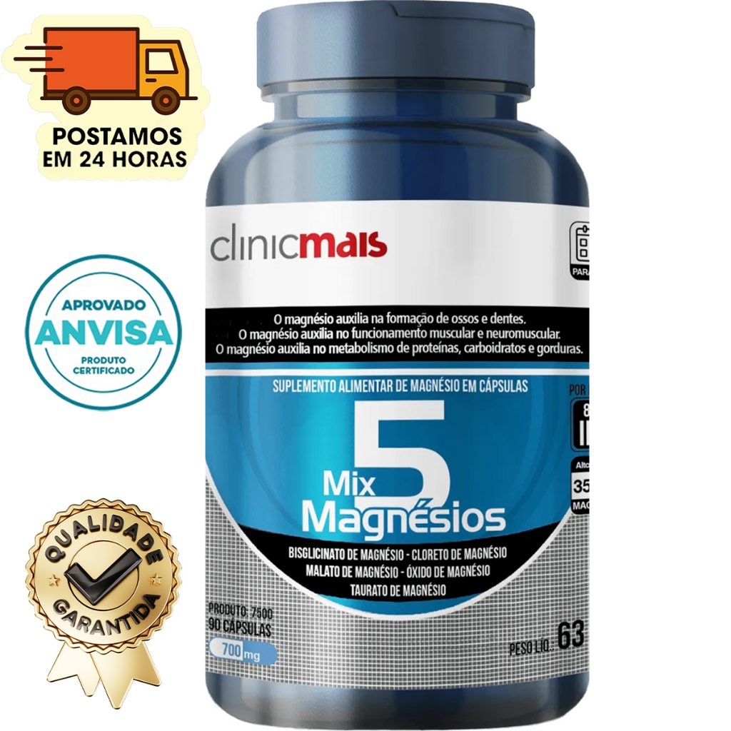 Mix 5 Mix 5 Magnésios - Bisglicinato + Cloreto + Malato + Óxido + Taurato - 90 Cápsulas 700mg - Clinicmais