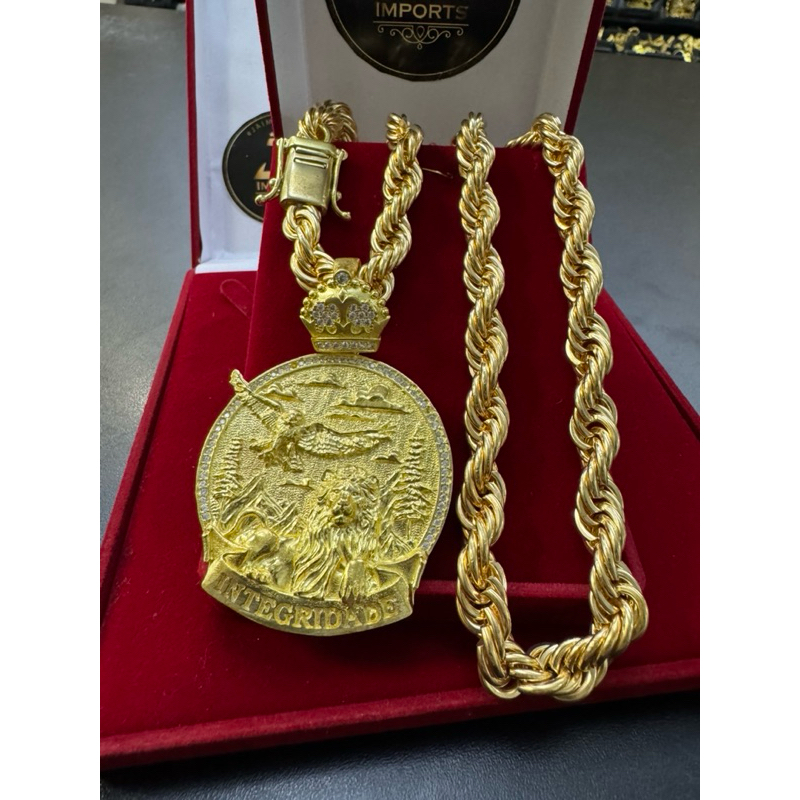 Cordão elo baiano 12mm 70cm cor de ouro 100% moeda com pingente em Oferta na Shopee