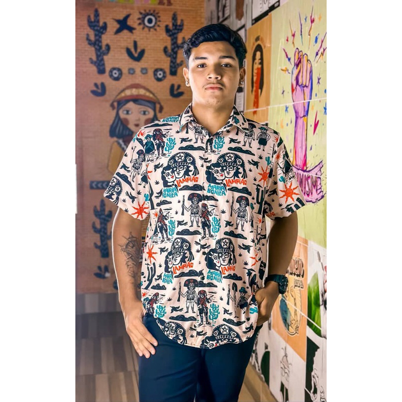 Camisaria camisa botão lampião e maria bonita colorida unissex