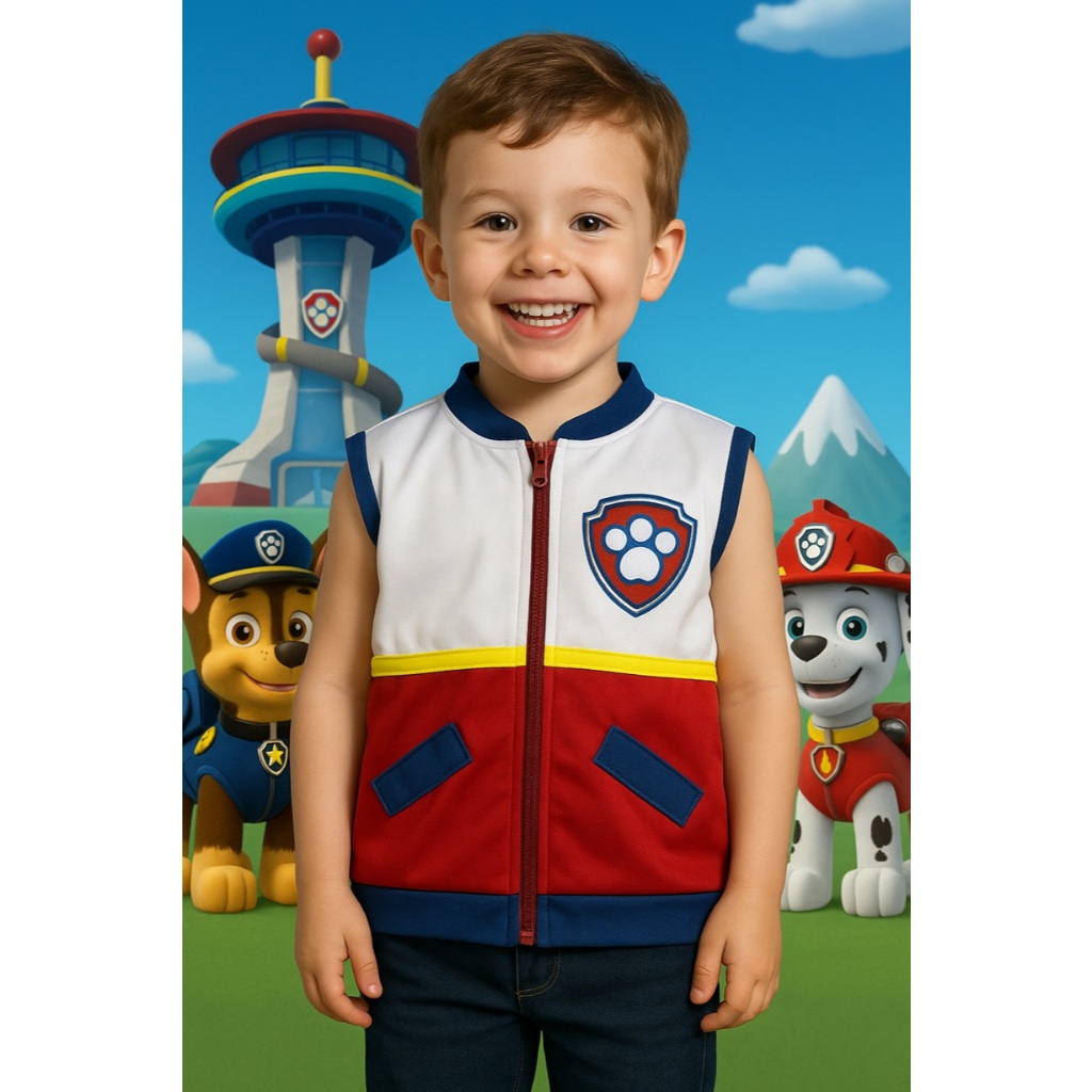 FANTASIA INFANTIL COLETE MENINO PATRULHA CANINA RAYDER BRANCO E AZUL FESTAS CARNAVAL