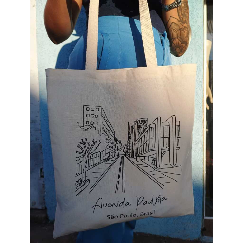 Ecobag de algodão cru, sacola sustentável estampa Avenida Paulista 35X40