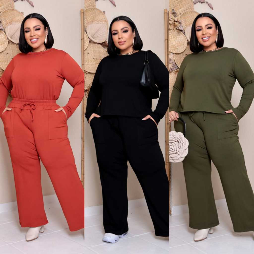 Conjunto Feminino Plus Size Elegante Calça Pantalona e Blusa de Manga Longo G1 G2 G3