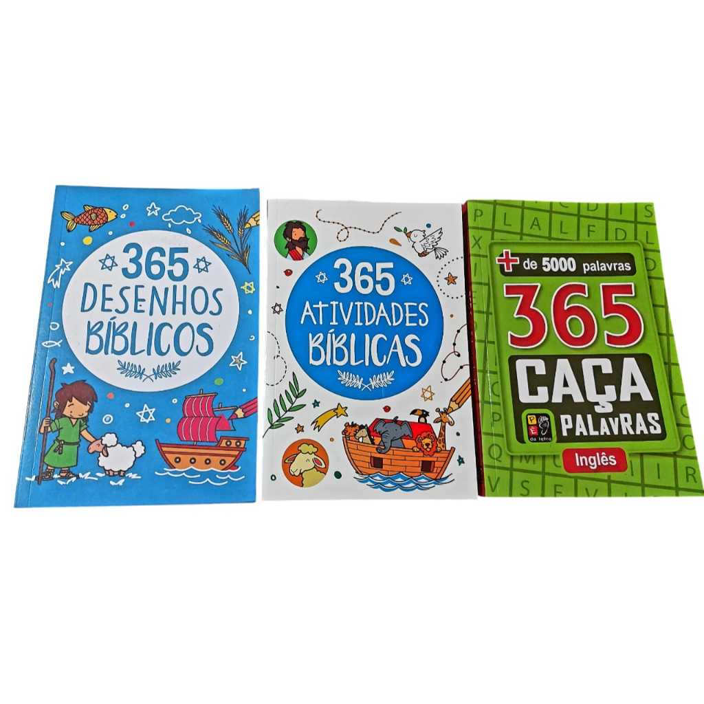 Kit 3 Livros, 365 Desenhos Bíblicos para Colorir, 365 Atividades Bíblias para Responder, 365 Caça palavras em Inglês