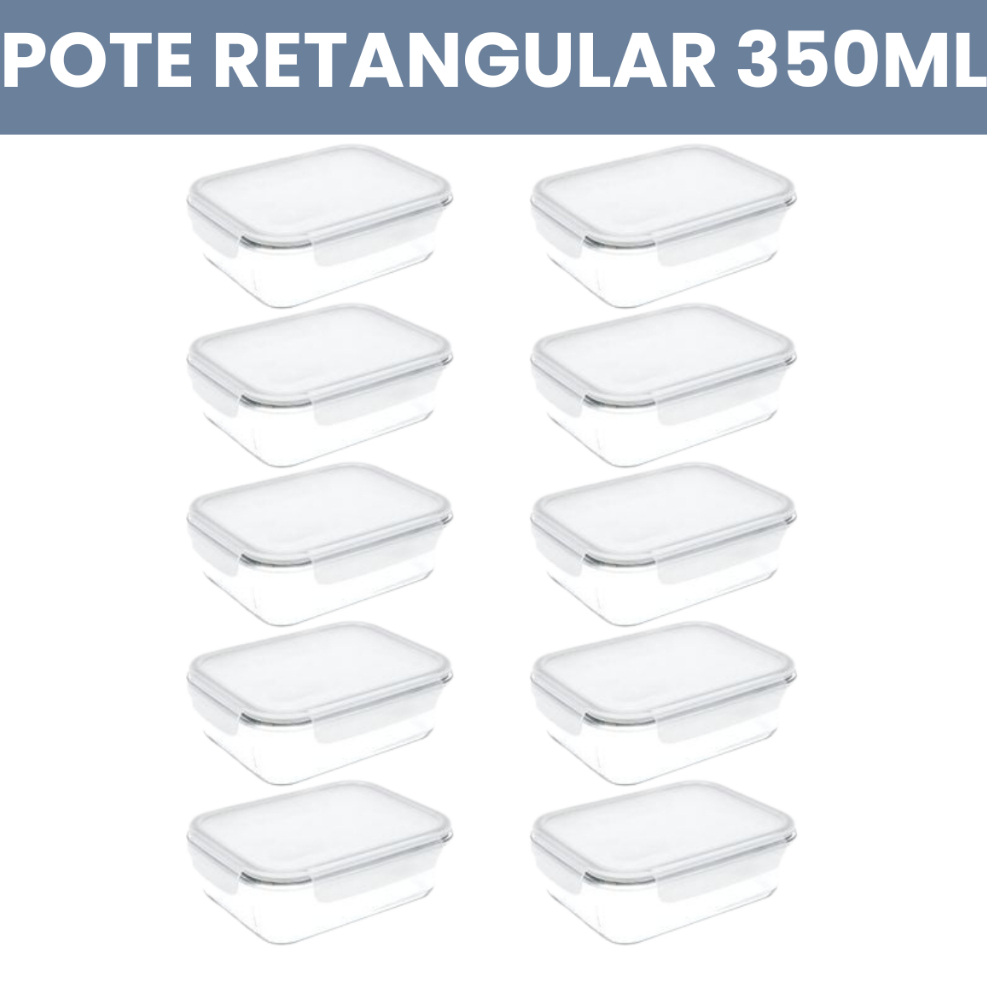 Kit 10 Potes Vidro Hermetico Retangular 350 ml Tampa e Trava Organizador Marmita