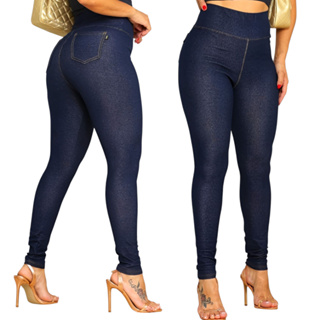 Calça Jeans Fake Feminina Legging Imita Jeans de Cotton Com Bolso Feminina Cintura Alta em Oferta na Shopee