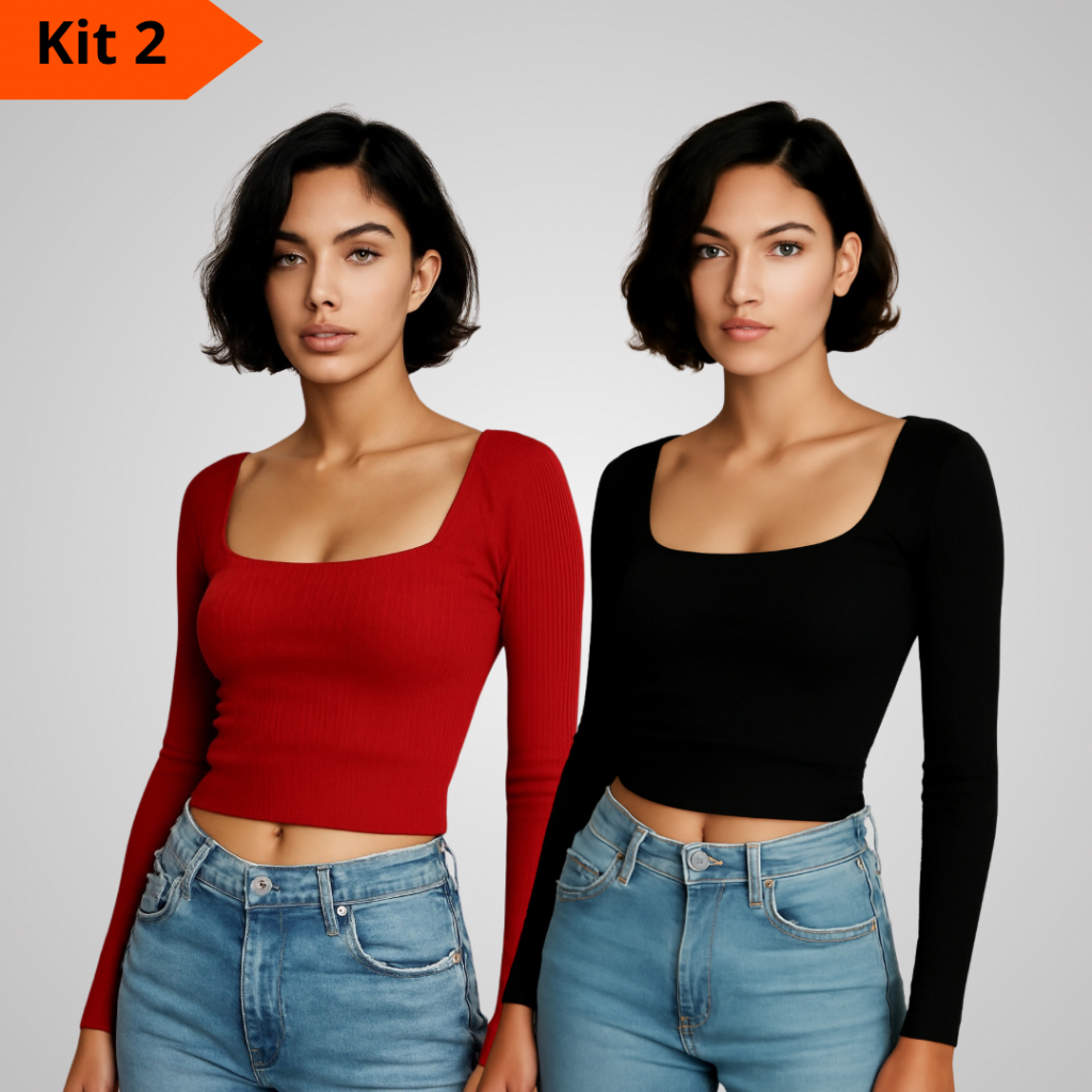Kit 2 Blusa Feminina Cropped Manga Longa Gola U Canelada  Varias Cores  - A Segunda Sai Pela Metade do Preço