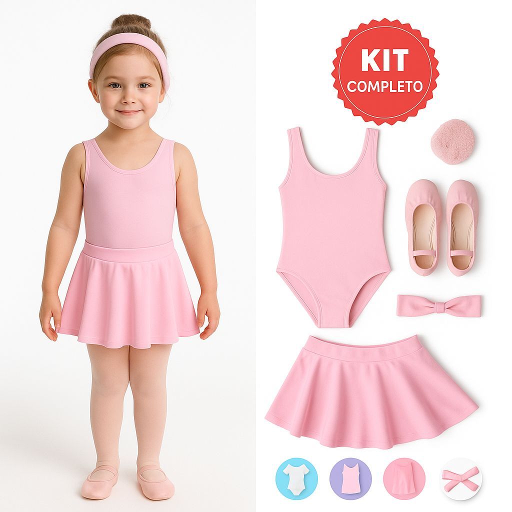 KIT COMPLETO Ballet Infantil PREMIUM 6 Itens Collant Regata + Saia de Cós com Elástico e Sapatilha Bailarina ROSA em Oferta na Shopee