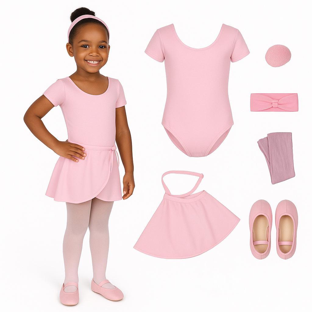 KIT PREMIUM Ballet Uniforme Infantil 6 Itens Collant Meia Manga + Saia Transpassada Balé e Sapatilha Bailarina ROSA
