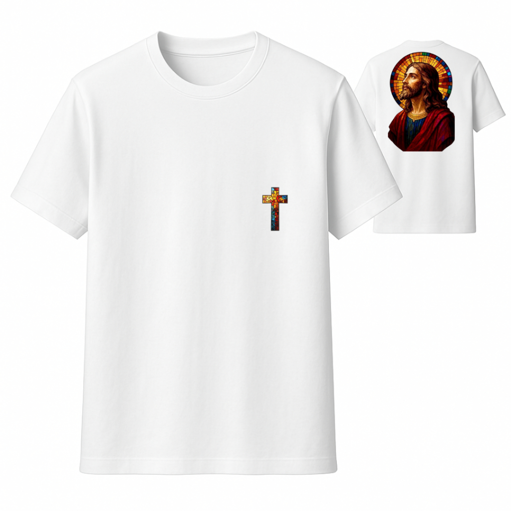 Camiseta Religiosa Cristã Evangélica Exclusiva Estilo Vitral Estampada 100% algodão