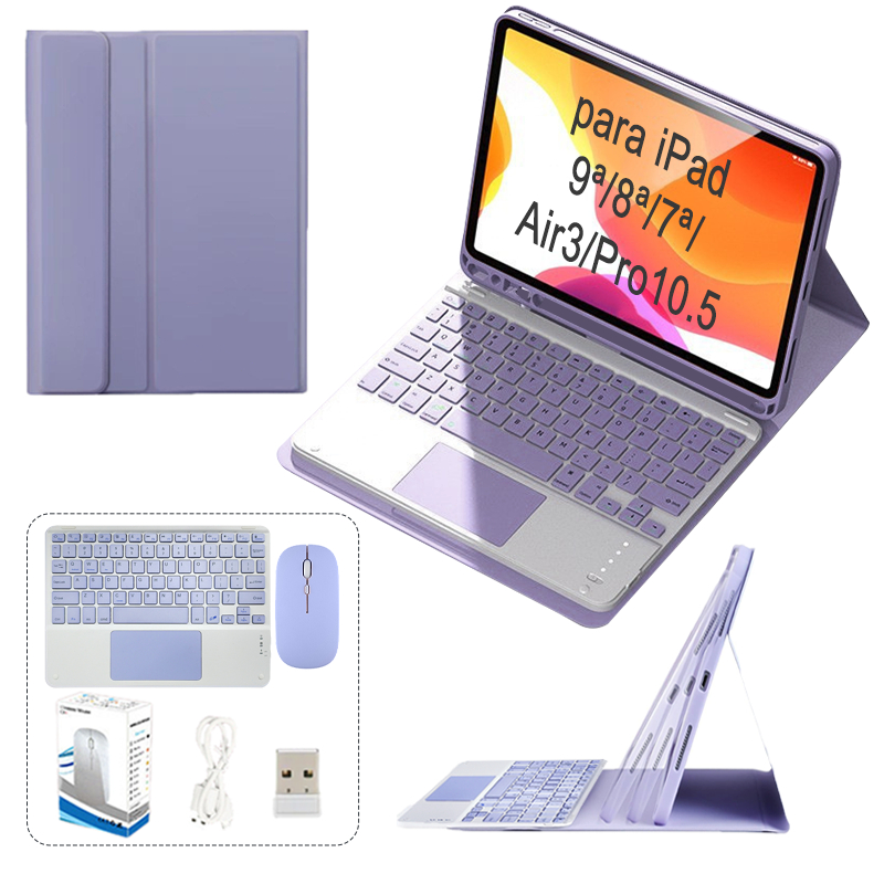 Capa para tablet para iPad 9ª/8ª/ 7ª/Air3/Pro10.5 com teclado sensível ao toque ABNT2 e mouse sem fio em Oferta na Shopee