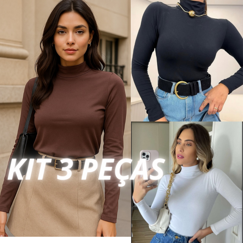 Kit Com 3 Blusas Femininas Casual Gola Alta Manga Longa Segunda Pele Suplex em Oferta na Shopee