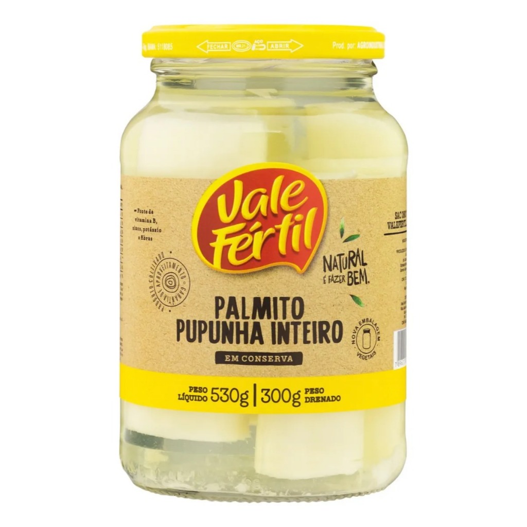 Palmito Pupunha Em Conserva Inteiro Vale Fértil Vidro 300g