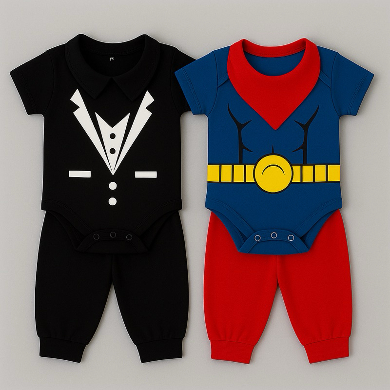 Kit 3 peças bebê menino body+calça+babador | Fantasia Super-Heróis | Poderoso chefinho | Super man| Batman | Hulk