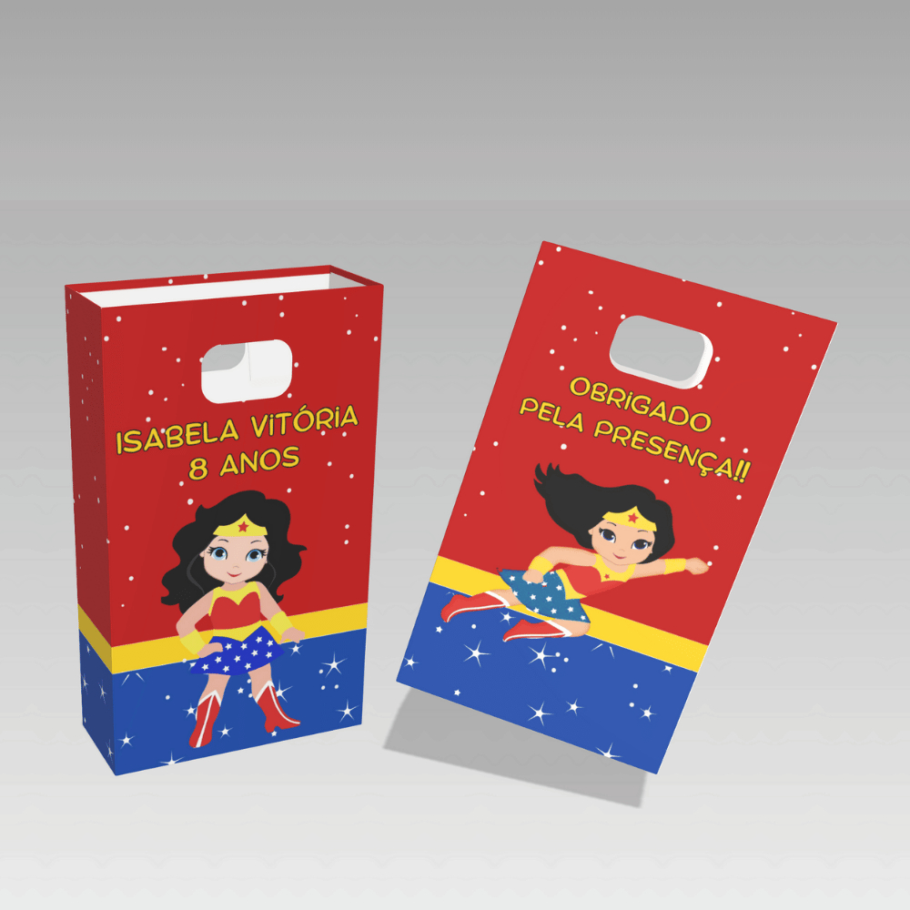 Lembrancinha sacolinha personalizada boca de palhaço Mulher maravilha cut baby