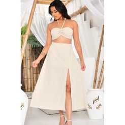 conjunto linho crop saia midi moda femenina casual bonita elegante saída de praia