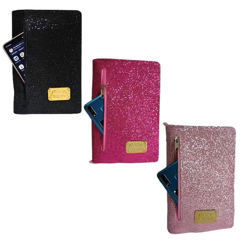 Capa para Bíblia Número 11 Com Zíper e Bolso Externo Brilho Femina Glitter