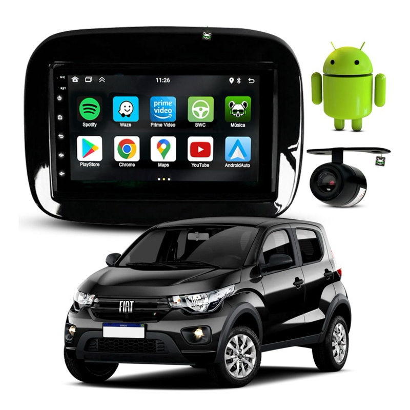 Multimídia Android GPS WiFi Fiat Mobi 2017 2018 2019 2020 2021 2022 2023 + Moldura Câmera de ré
