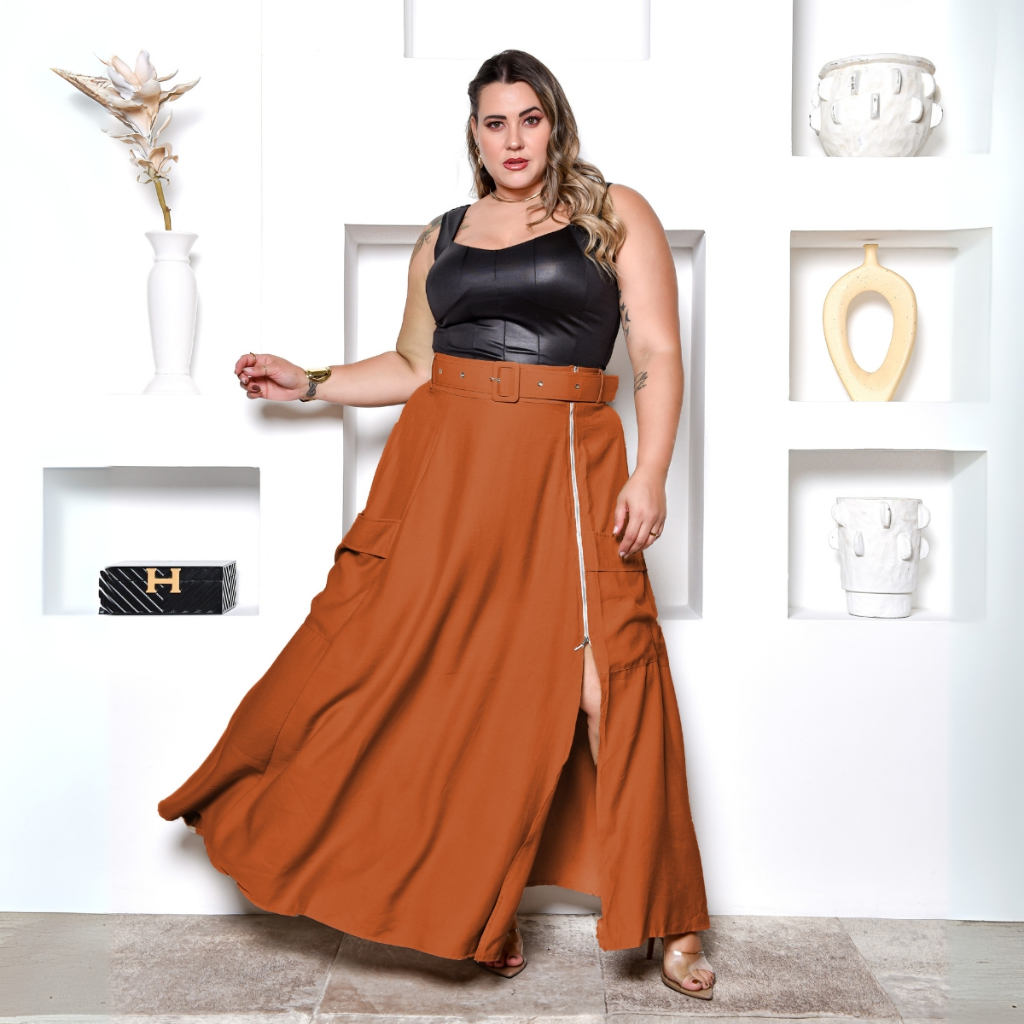 Saia Longa Godê Plus Size Bolso Fenda Zíper Cinto Feminina Moda Evangélica Elegante Evase