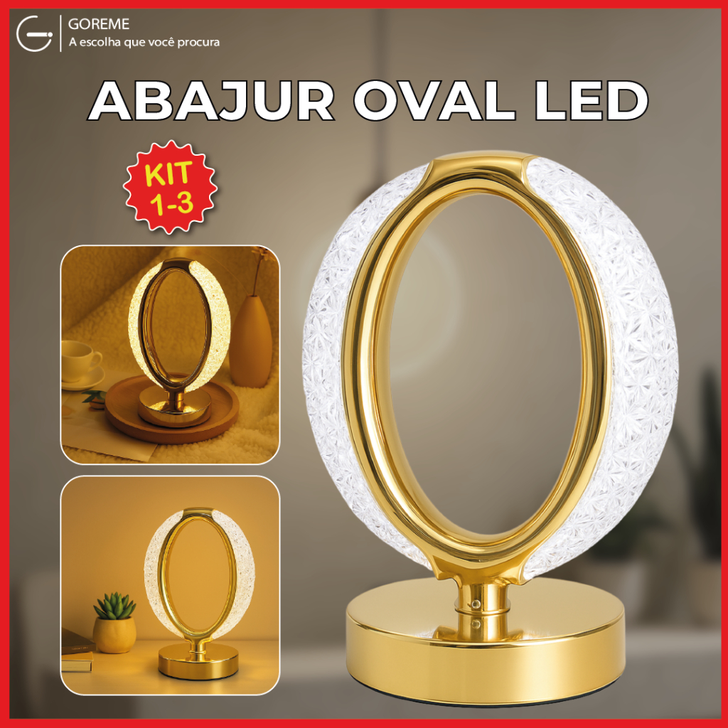Luminária Abajur Oval de Cristal Luxuoso Dourado Led Moderno 3 Tons de Luz via USB Bivolt em Oferta na Shopee