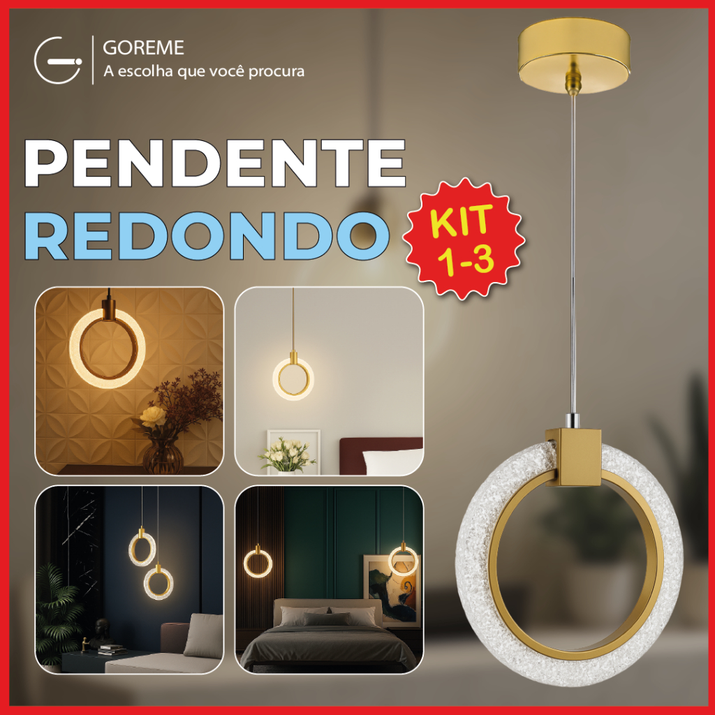 Luminária Pendente Anel Arco Redondo de Cristal Led Dourado Moderno Luxo 3 Tons de Luz Bivolt em Oferta na Shopee