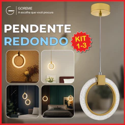 Luminária Pendente Anel Arco Redondo de Cristal Led Dourado Moderno Luxo 3 Tons de Luz Bivolt