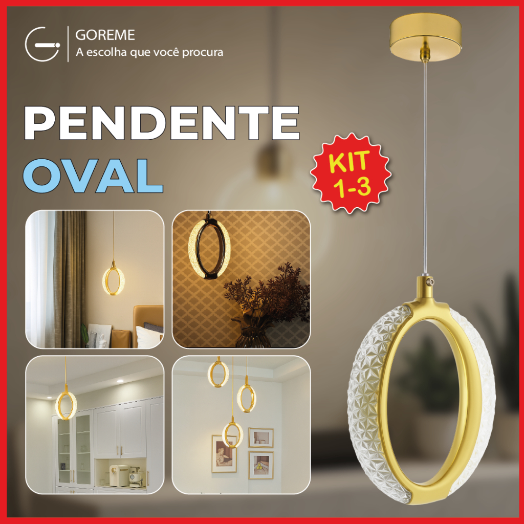 Luminária Pendente Oval de Cristal Led Dourado Moderno de Luxo 3 Tons de Luz Bivolt