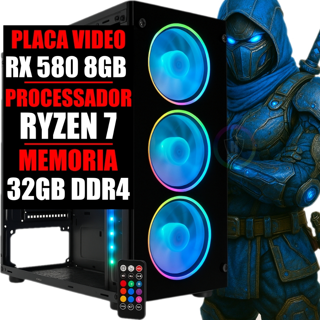 Cpu Computador PC Gamer Amd Ryzen 7 / Placa Video Rx 580 8GB / 32GB Ddr4 / SSD 480GB