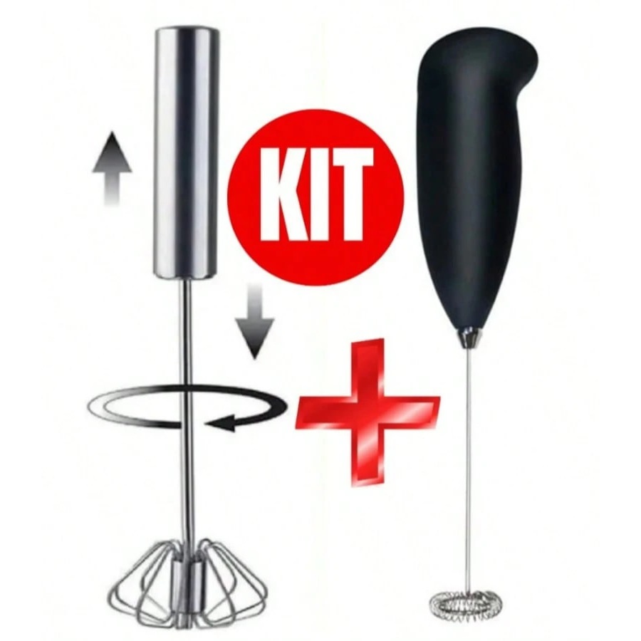 Kit Mini Mixer Elétrico Misturador Bebidas + Batedor de Ovos Giratório Inox Semi Automático