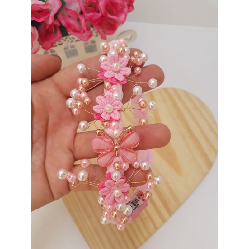Tiara Infantil Jardim encantado com flores rosa para Bebê7