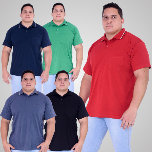 Kit 5 Camisas Polo Masculina Plus Size C/ Bolso 100% Algodão Fio 30.1 G1 G2 G3