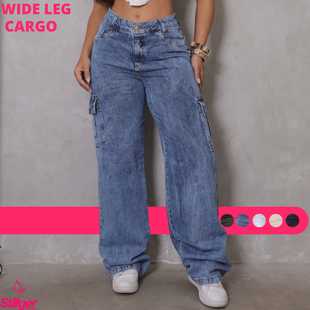 Calça Jeans Wide Leg Cargo Feminina Branca Cintura Alta Com Lycra Premium