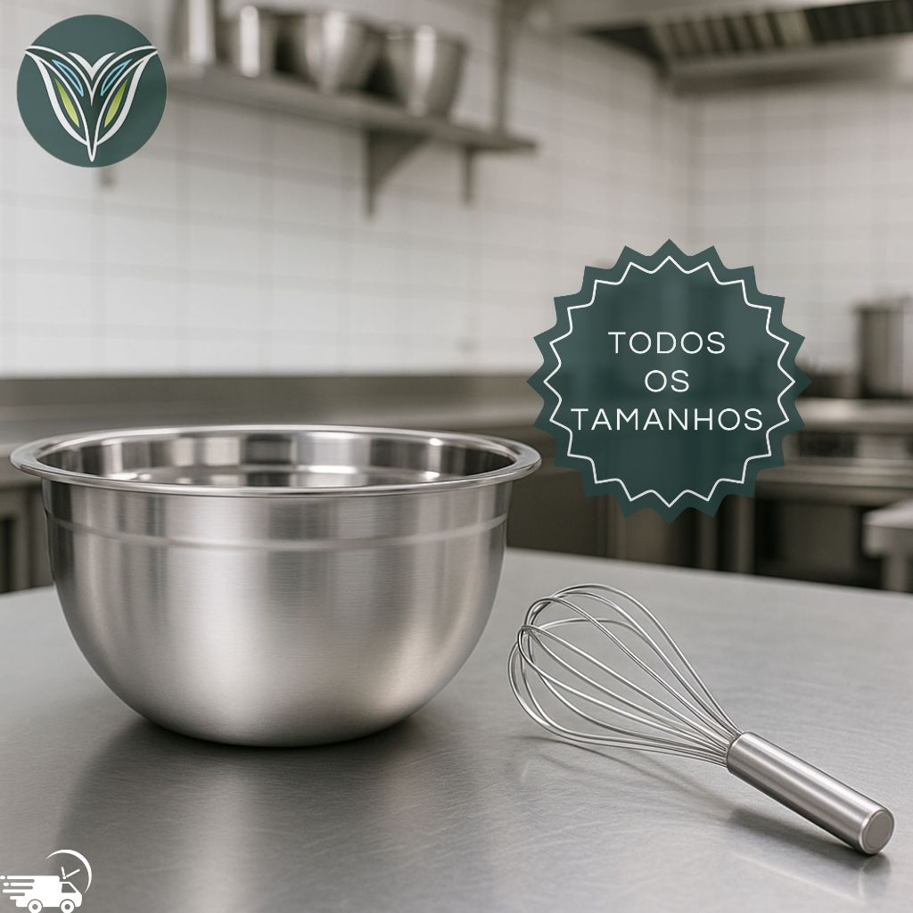 Tigela Inox Bowl Multiuso Profissional 18cm 20cm 22cm 24cm 26cm 28cm e Fouet Batedor De Ovos Prateado Inox