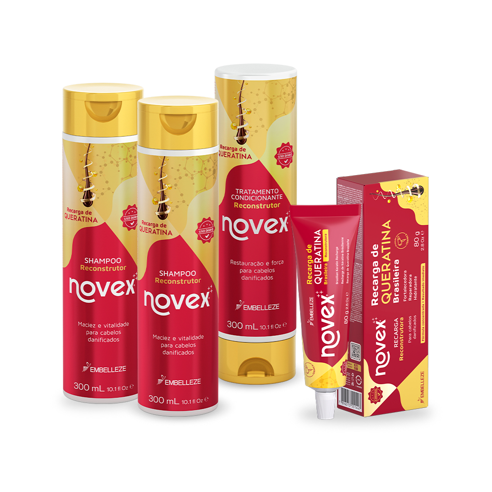 Kit Novex Queratina Brasileira Cuidados Básicos - 2 Shampoos, 1 Condicionador, 1 Recarga de Queratina 80g - Beauty