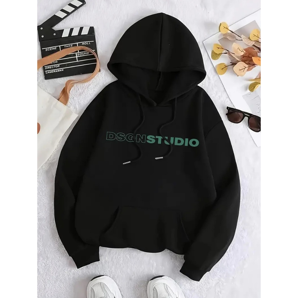 DSGNSTUDIO Moletom - Moletom de poliéster casual com leve esticamento, Impressão de alfabeto, Moletom com capuz Unisex