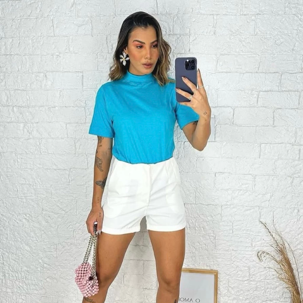T- Shirt Blusa  Gola Alta 100% Algodão Femenina
