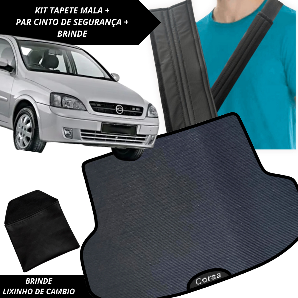 Tapete Emborrachado Porta Malas Corsa Sedan 2003 a 2012 + 2 Capas Cinto Segurança Acessório Carro