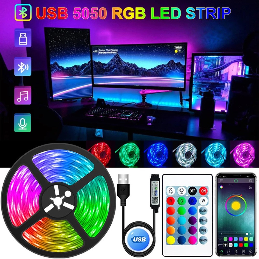 Fita Led RGB 5050 Ip65 A Prova D'água Usb Com Controle App Bluetooth 5M 16 Cores Para Decoração E Iluminação