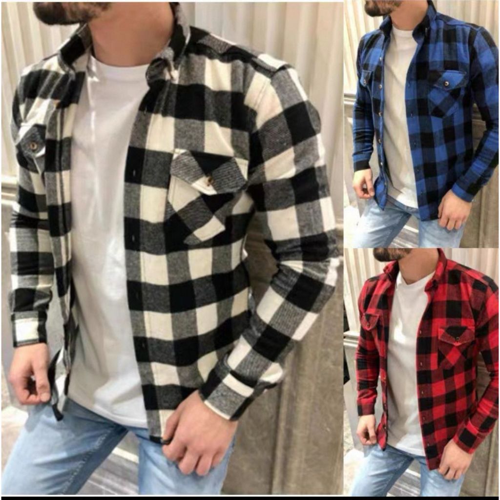 Camisa Masculina Xadrez Flanelada Com Bolsos Manga Longa