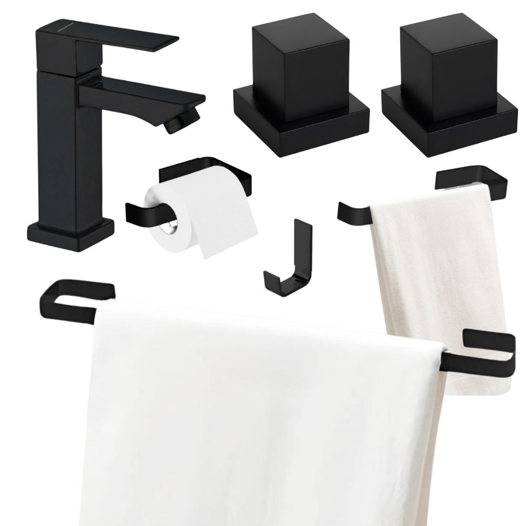 Kit Acessórios Banheiro Preto Fosco Quadrado + Torneira Metal Baixa + Acabamento Padrão Deca 1/2 3/4