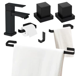 Kit Acessórios Banheiro Preto Fosco Quadrado + Torneira Metal Baixa + Acabamento Padrão Deca 1/2 3/4