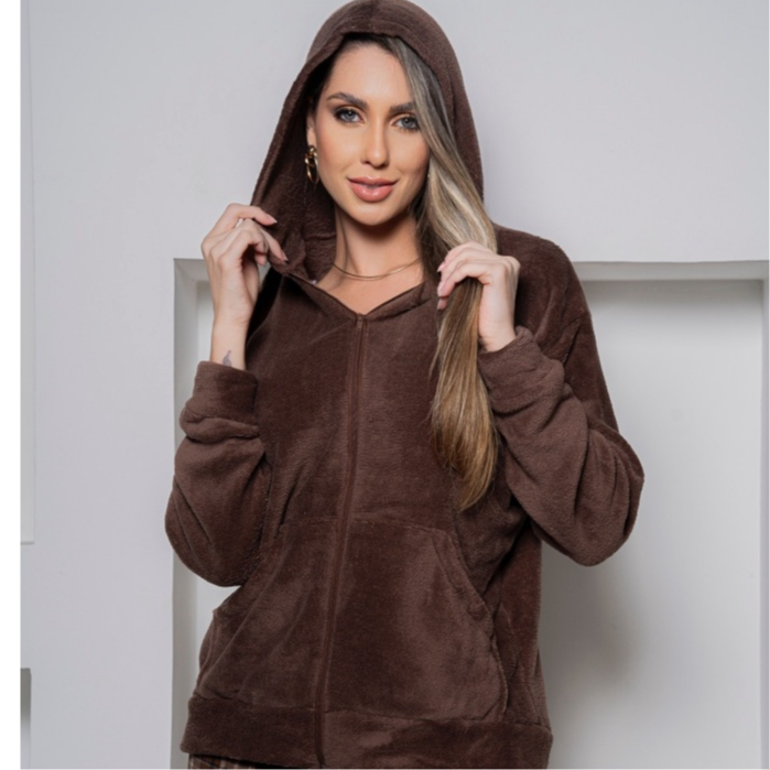 Casaco Feminino Inverno Teddy Soft Pelinhos Felpulda Capuz e Ziper Moda - WL Warmi Luna